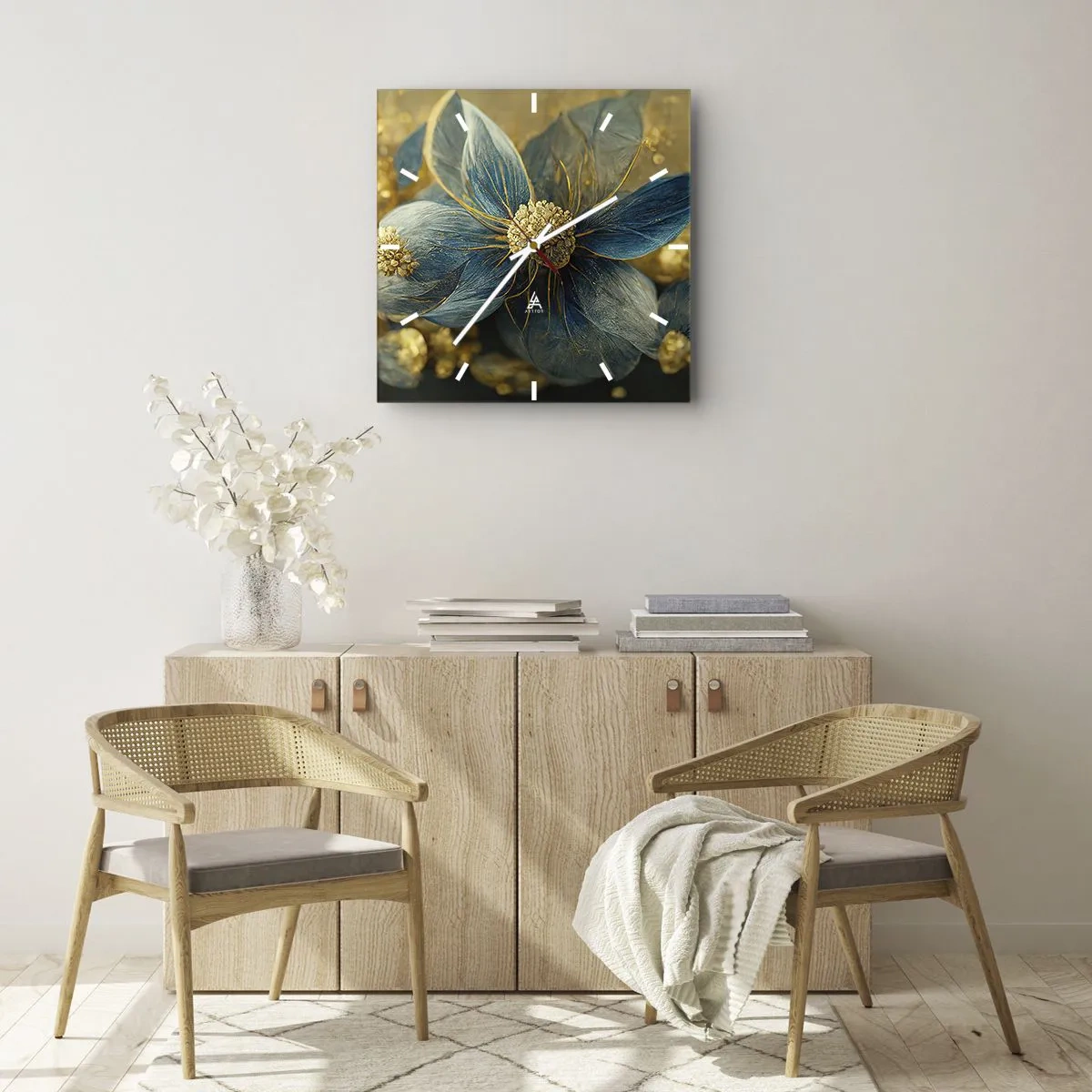 Ceas de perete - Ceas pe sticlă - Floare cu aur - 30x30 cm