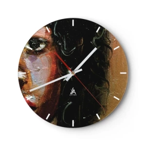 Ceas de perete - Ceas pe sticlă - Un fragment dintr-un portret de femeie pictat cu o textură groasă de vopsea în ulei. - 30x30cm - Negru și strălucire - Decorațiune modernă pentru perete pentru living, bucătărie și dormitor ARTTOR