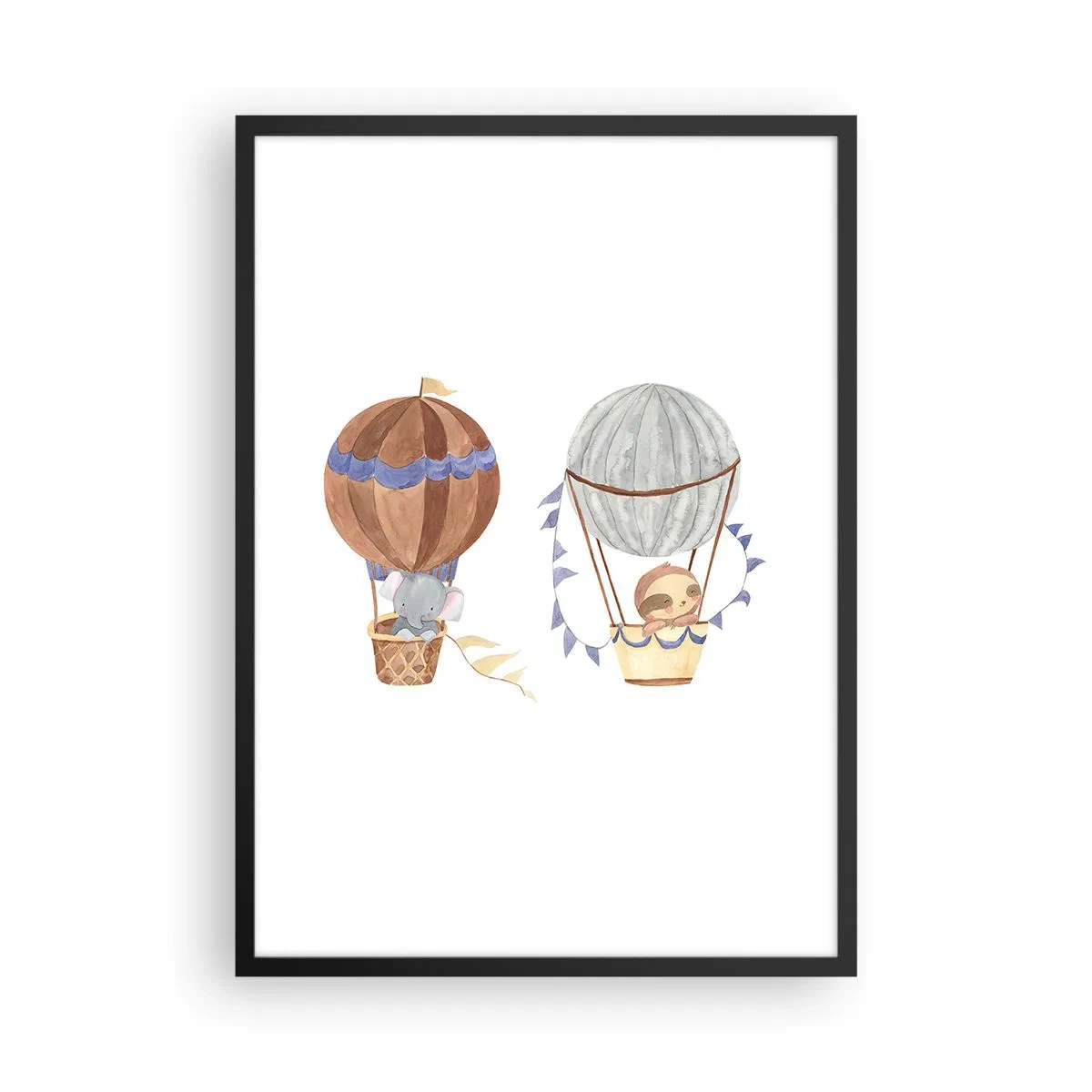Poster în ramă neagră - Animale drăguțe în baloane pe fundal alb în stil acuarelă - 50x70cm - Prieteni de călătorie - Decorațiune modernă pentru perete pentru living și dormitor ARTTOR