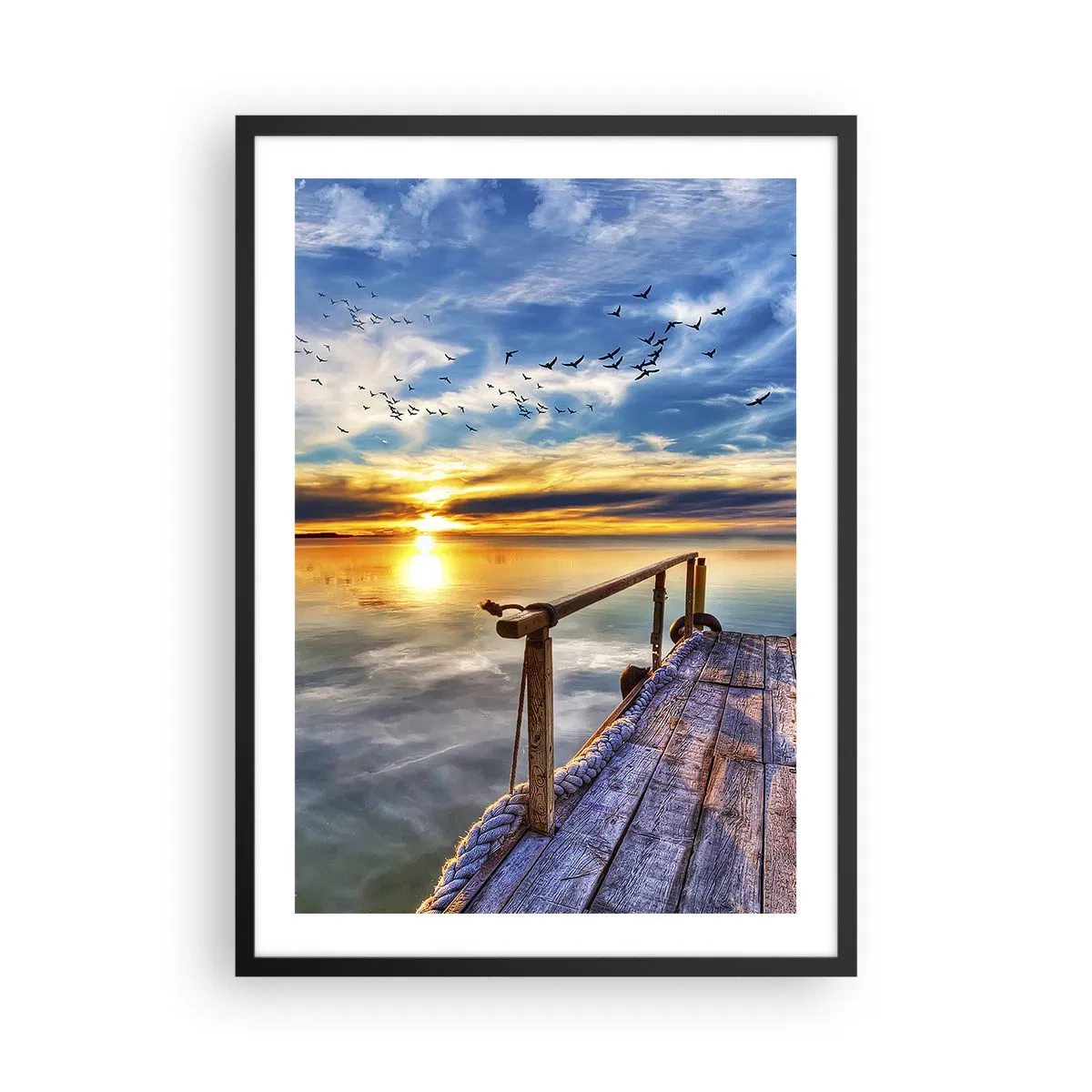 Poster în ramă neagră - ponton de lemn peste lac la apus - 50x70cm - Vântul se odihnește - Decorațiune modernă pentru perete pentru living și dormitor ARTTOR