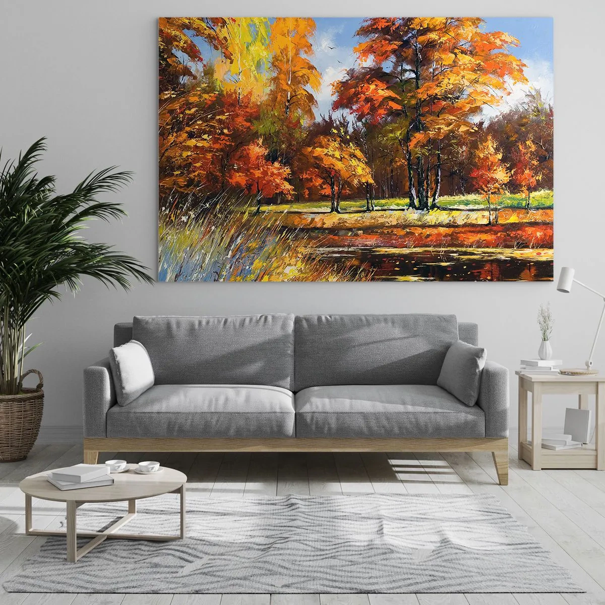 Tablou pe sticlă - Peisaj de toamnă cu copaci și reflecție în apă - 70x50cm - Peisaj în aur și bronz - Decorațiune modernă pentru perete pentru living și dormitor ARTTOR
