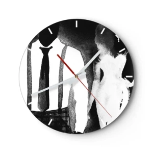 Ceas de perete - Ceas pe sticlă - Siluete ale unei femei și ale unui bărbat într-o atmosferă noir alb-negru - 30x30cm - Într-o atmosferă noir - Decorațiune modernă pentru perete pentru living, bucătărie și dormitor ARTTOR