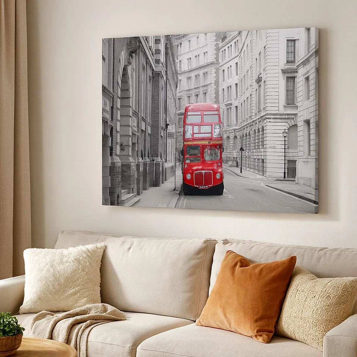 Tablou pe pânză Canvas - Un autobuz roșu pe un fundal de clădiri urbane alb-negru. - 70x50cm - Viața de zi cu zi nu trebuie să fie gri - Decorațiune modernă pentru perete pentru living și dormitor ARTTOR