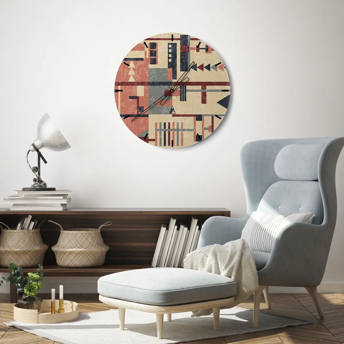 Ceas de perete - Ceas pe sticlă - Model geometric abstract în nuanțe de bej, roșu și gri - 30x30cm - Combinație de verticale și orizontale - Decorațiune modernă pentru perete pentru living, bucătărie și dormitor ARTTOR