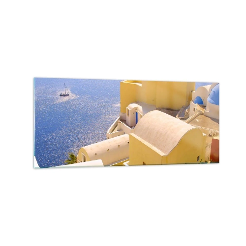 Tablou pe sticlă - Peisaj grecesc în alb și albastru - 120x50 cm