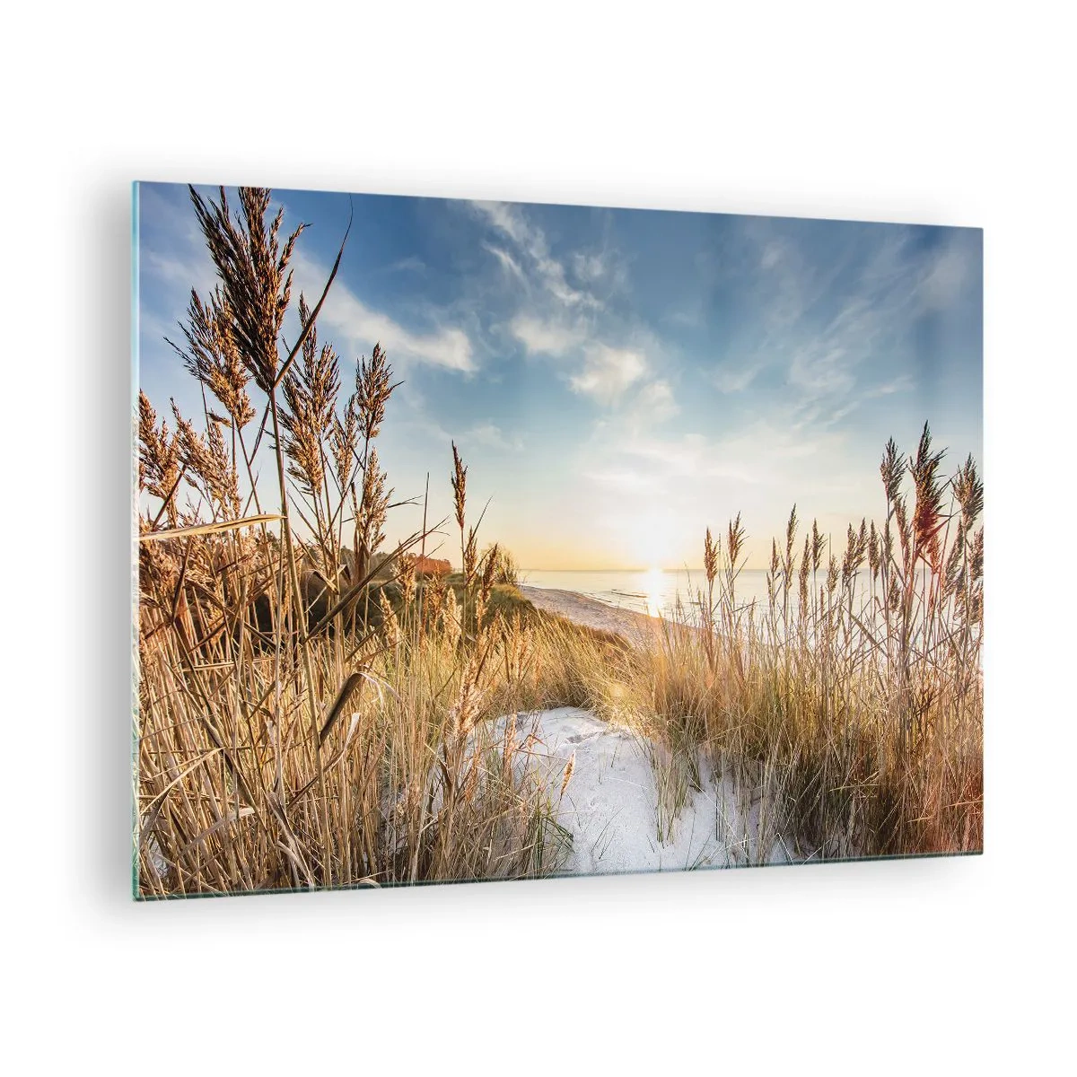 Tablou pe sticlă - Apus de soare peste o plajă cu dune acoperite de iarbă - 70x50cm - Plaja de nord - Decorațiune modernă pentru perete pentru living și dormitor ARTTOR