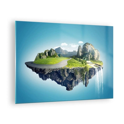 Tablou pe sticlă - O insulă plutitoare cu munți, o cascadă și verdeață - 70x50cm - Insula fantastică - Decorațiune modernă pentru perete pentru living și dormitor ARTTOR