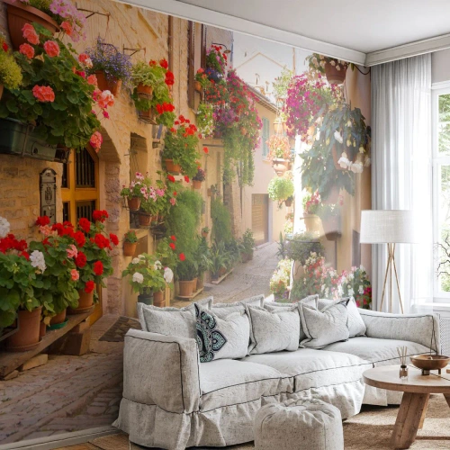Tapet Standard Eco - Într-un potop de flori - Oraș, Italia, Străzi frumoase - 250x175 cm