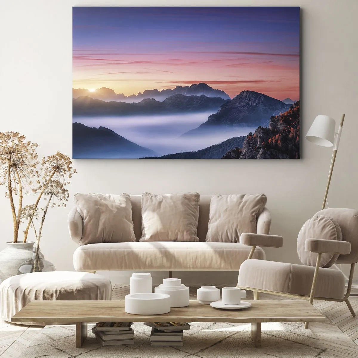 Tablou pe pânză Canvas - Peisaj montan la răsărit cu ceață în văi - 70x50cm - Peste văi - Decorațiune modernă pentru perete pentru living și dormitor ARTTOR