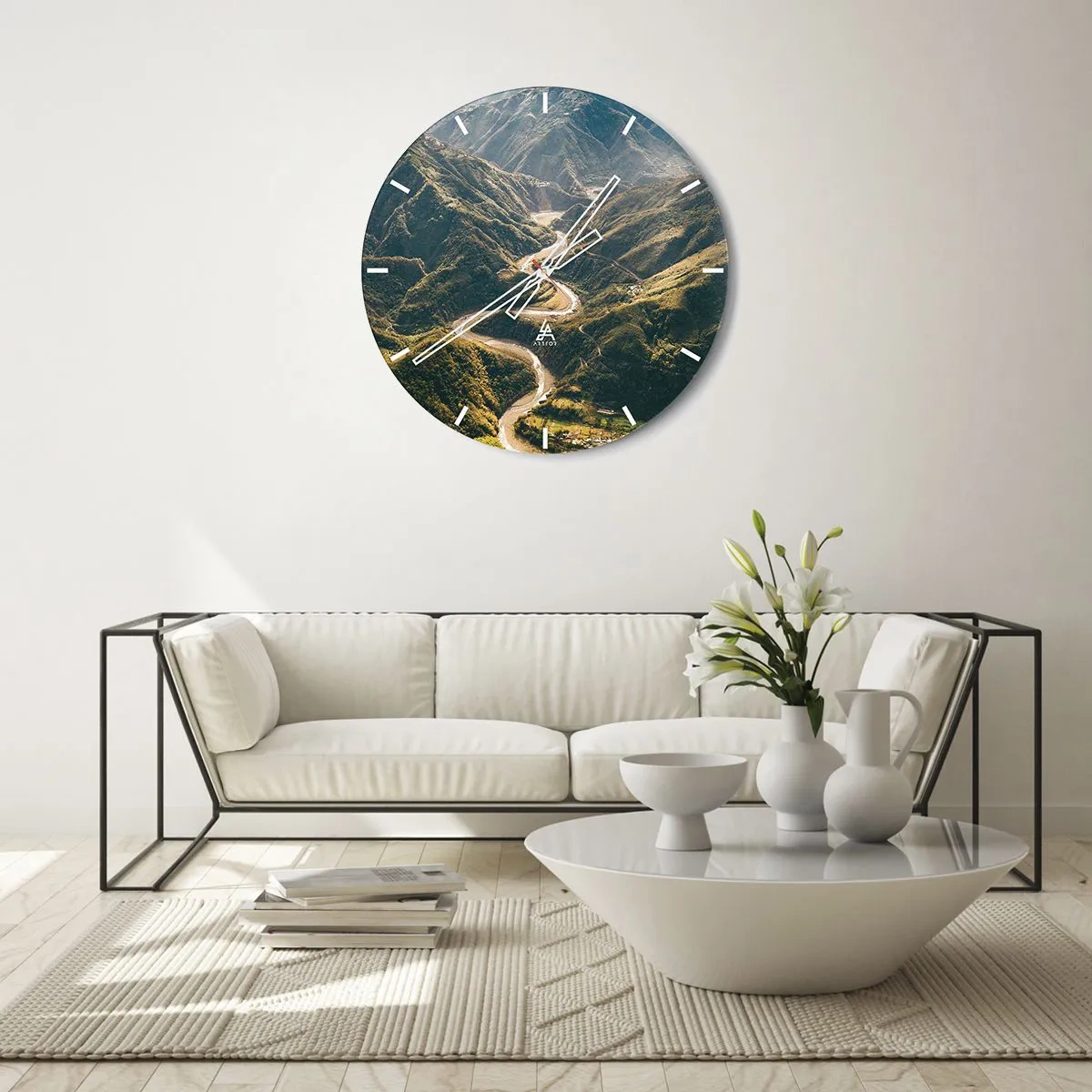 Ceas de perete - Ceas pe sticlă - Vedere aeriană a unei văi montane cu un râu șerpuitor - 30x30cm - Direct din inima munților - Decorațiune modernă pentru perete pentru living, bucătărie și dormitor ARTTOR