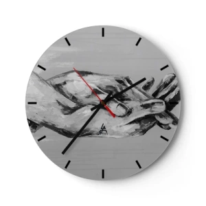 Ceas de perete - Ceas pe sticlă - Mâini simbolice în nuanțe de gri surprinse într-un stil artistic - 30x30cm - Începutul... - Decorațiune modernă pentru perete pentru living, bucătărie și dormitor ARTTOR