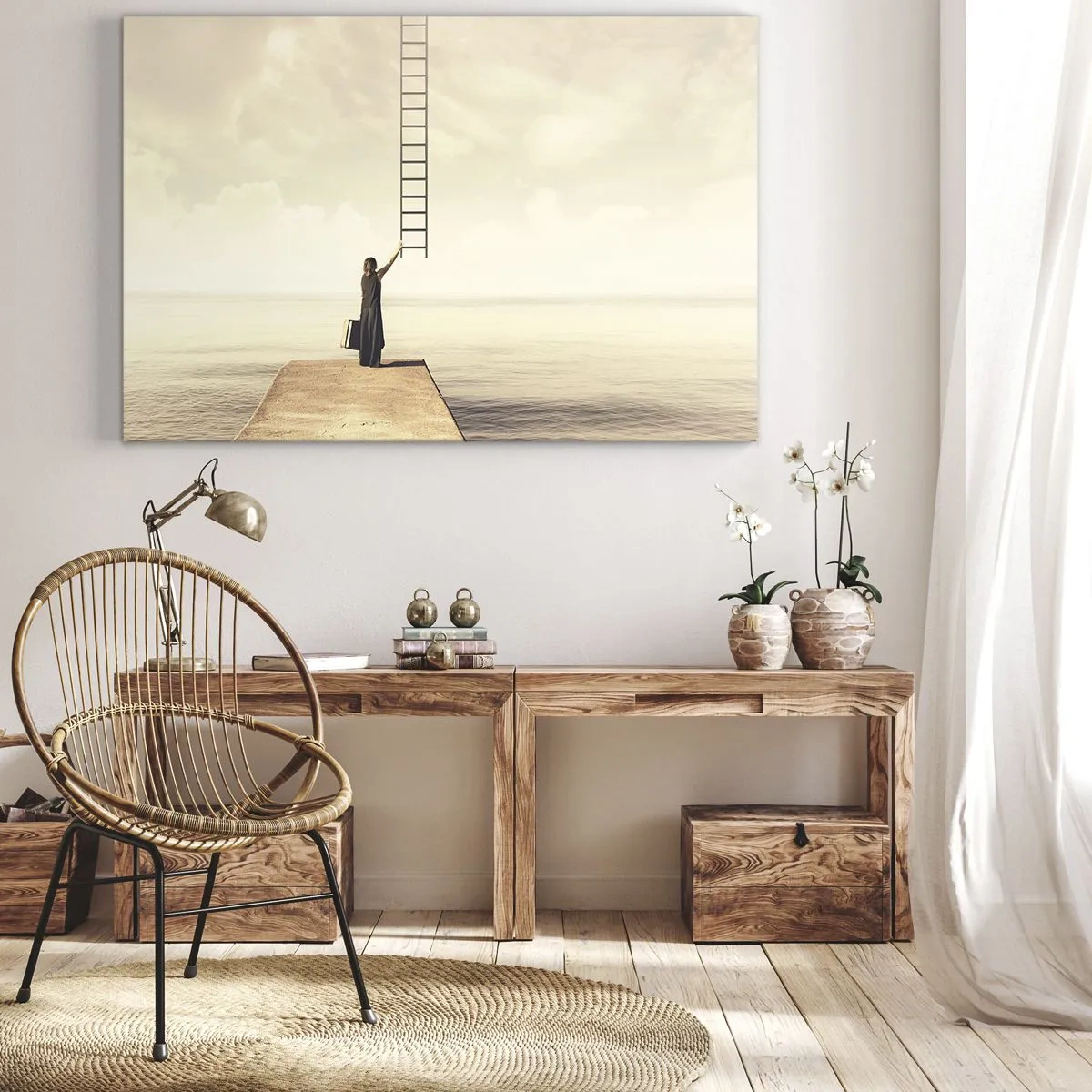 Tablou pe pânză Canvas - O femeie stând pe un dig cu o scară care duce spre cer - 70x50cm - O călătorie conceptuală - Decorațiune modernă pentru perete pentru living și dormitor ARTTOR