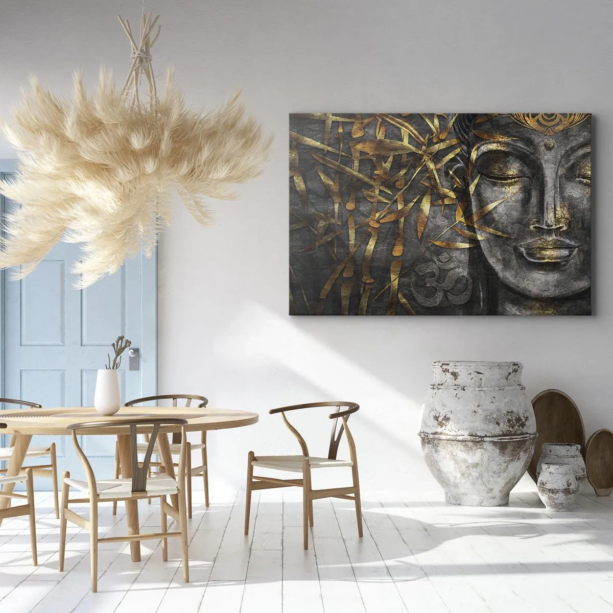 Tablou pe pânză Canvas - Imagine Zen a lui Buddha cu bambus auriu - 70x50cm - Simțiți pacea - Decorațiune modernă pentru perete pentru living și dormitor ARTTOR