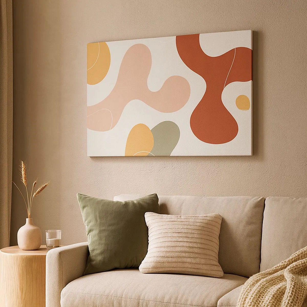 Tablou pe pânză Canvas - O compoziție abstractă în nuanțe pastelate cu forme dinamice. - 70x50cm - Pete colorate? - Decorațiune modernă pentru perete pentru living și dormitor ARTTOR