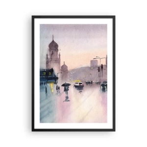 Poster în ramă neagră - Scenă urbană cu siluete de oameni și lumini în ceața ploii - 50x70cm - Într-o ceață ploioasă - Decorațiune modernă pentru perete pentru living și dormitor ARTTOR