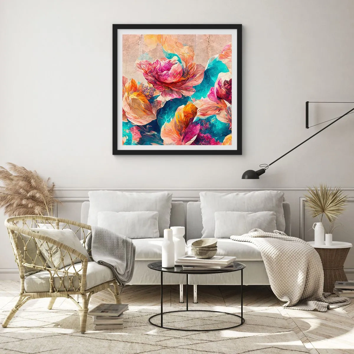 Poster în ramă neagră - Splendoarea colorată a buchetului de flori - 30x30 cm