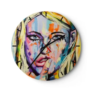 Ceas de perete - Ceas pe sticlă - Portret artistic al unei femei în culori vii - 30x30cm - Privește-o drept în ochi - Decorațiune modernă pentru perete pentru living, bucătărie și dormitor ARTTOR