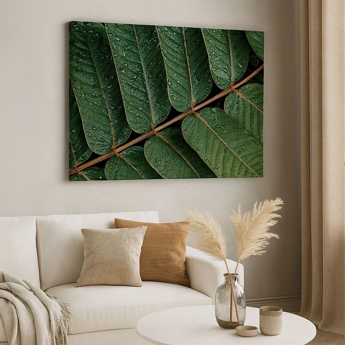 Tablou pe pânză Canvas - Fotografie macro cu frunze verzi cu picături de rouă - 70x50cm - Într-un ritm verde - Decorațiune modernă pentru perete pentru living și dormitor ARTTOR