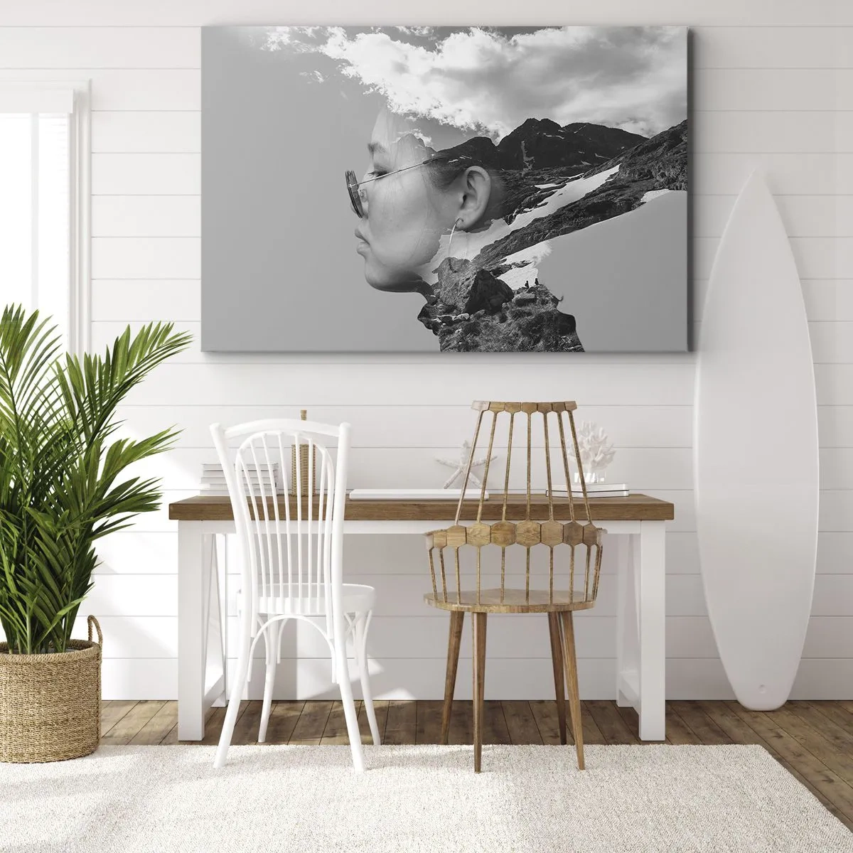 Tablou pe pânză Canvas - O compoziție alb-negru cu silueta unei femei și un peisaj montan. - 70x50cm - Portret în nori - Decorațiune modernă pentru perete pentru living și dormitor ARTTOR
