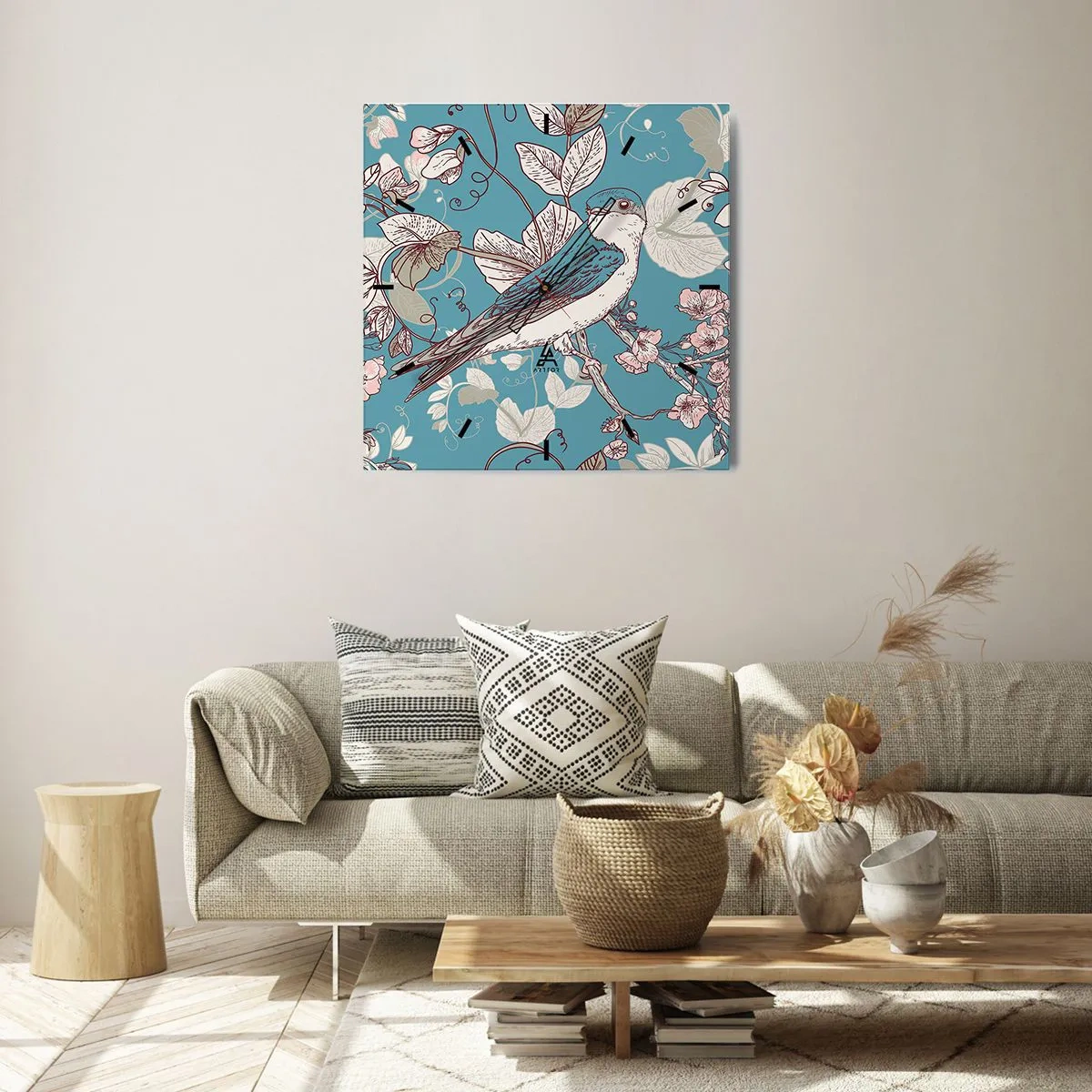 Ceas de perete - Ceas pe sticlă - Ciripit în florile albe - 30x30 cm