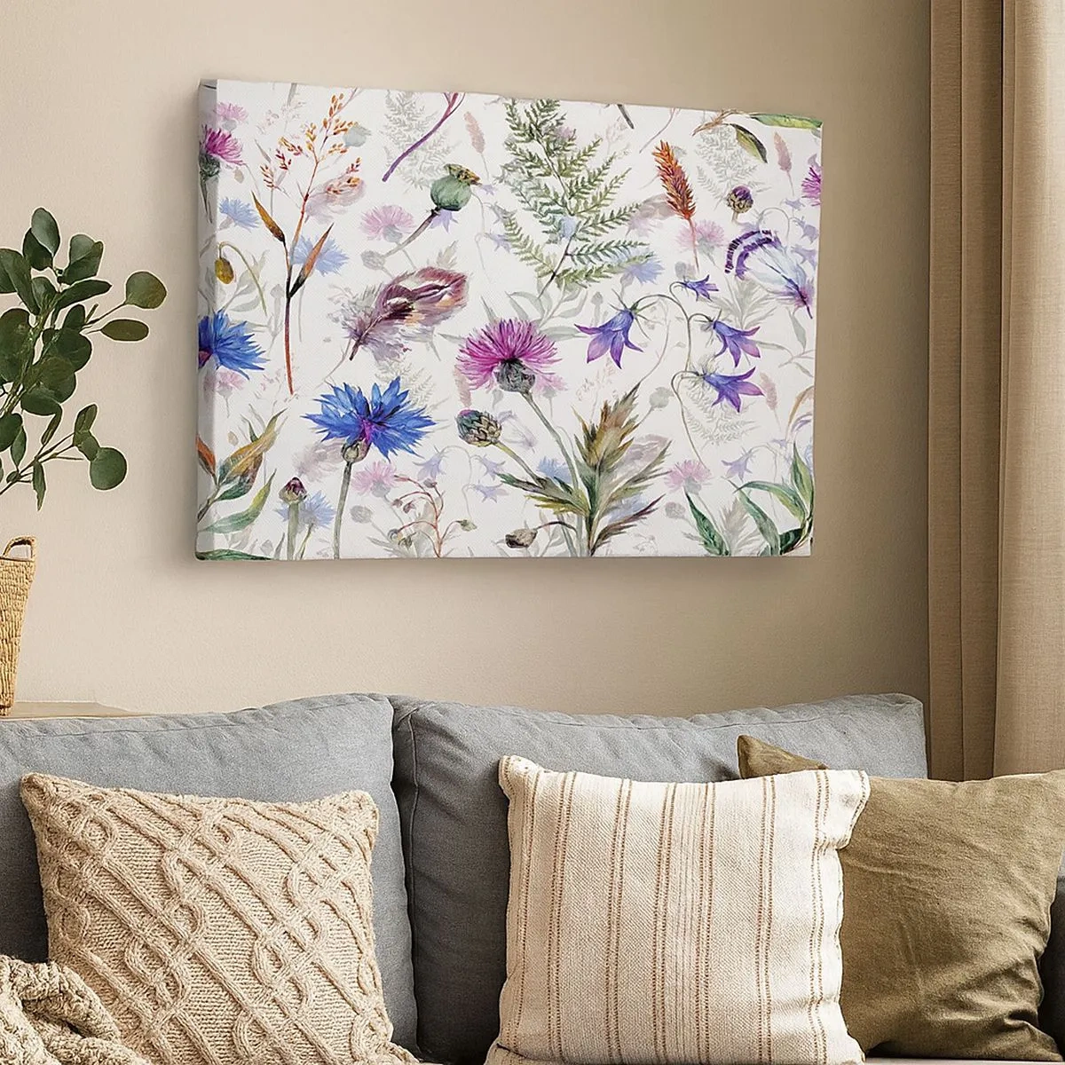 Tablou pe pânză Canvas - Acuarelă de flori și ierburi pe fundal alb în stil herbar - 70x50cm - Ierbarul polonez - Decorațiune modernă pentru perete pentru living și dormitor ARTTOR