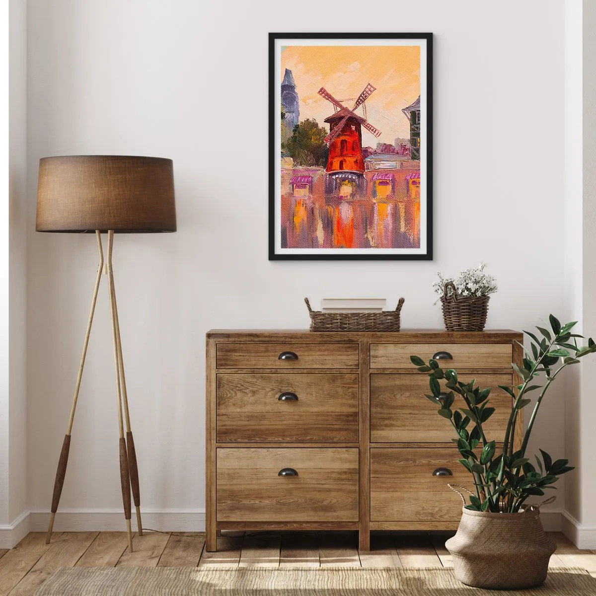 Poster în ramă neagră - O interpretare picturală a celebrei mori de vânt pe fundalul orașului - 50x70cm - Icoane pariziene - Moulin Rouge - Decorațiune modernă pentru perete pentru living și dormitor ARTTOR