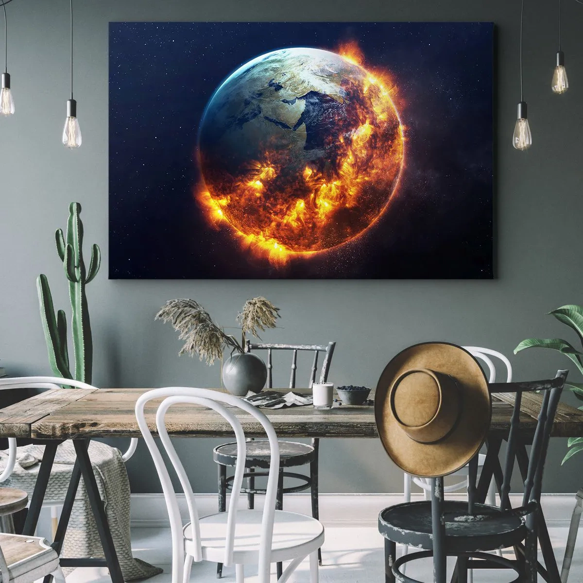 Tablou pe pânză Canvas - Planeta Pământ în flăcări în spațiul cosmic - 70x50cm - Flacăra apocalipsei - Decorațiune modernă pentru perete pentru living și dormitor ARTTOR