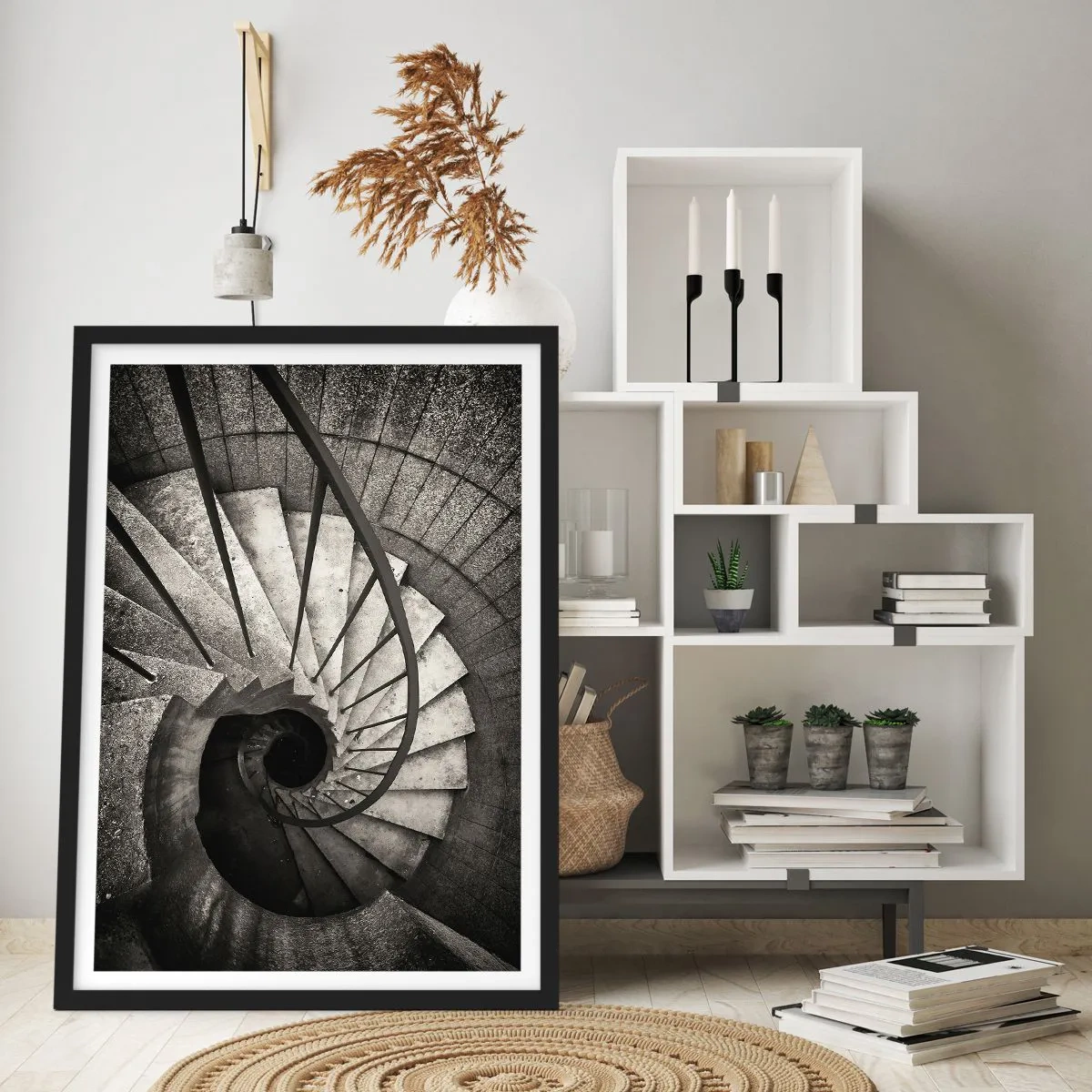 Poster în ramă neagră - Fotografie alb-negru a unei scări în spirală de sus - 50x70cm - În sus și în jos - Decorațiune modernă pentru perete pentru living și dormitor ARTTOR