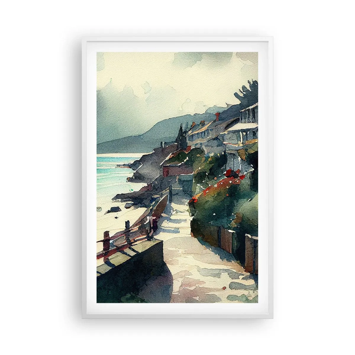 Poster în ramă albă - Orășel mediteraneean - 61x91 cm