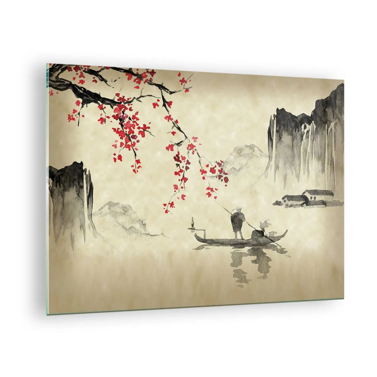 Tablou pe sticlă - Scenă de pescuit orientală cu ramură de floare de cireș și munți - 70x50cm - În țara florilor de cireș - Decorațiune modernă pentru perete pentru living și dormitor ARTTOR