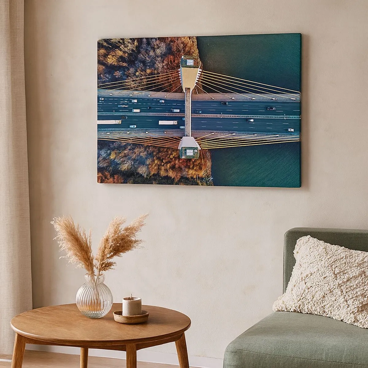 Tablou pe pânză Canvas - Vedere aeriană a podului peste râu și a peisajului de toamnă - 70x50cm - Din pădure spre apă - Decorațiune modernă pentru perete pentru living și dormitor ARTTOR