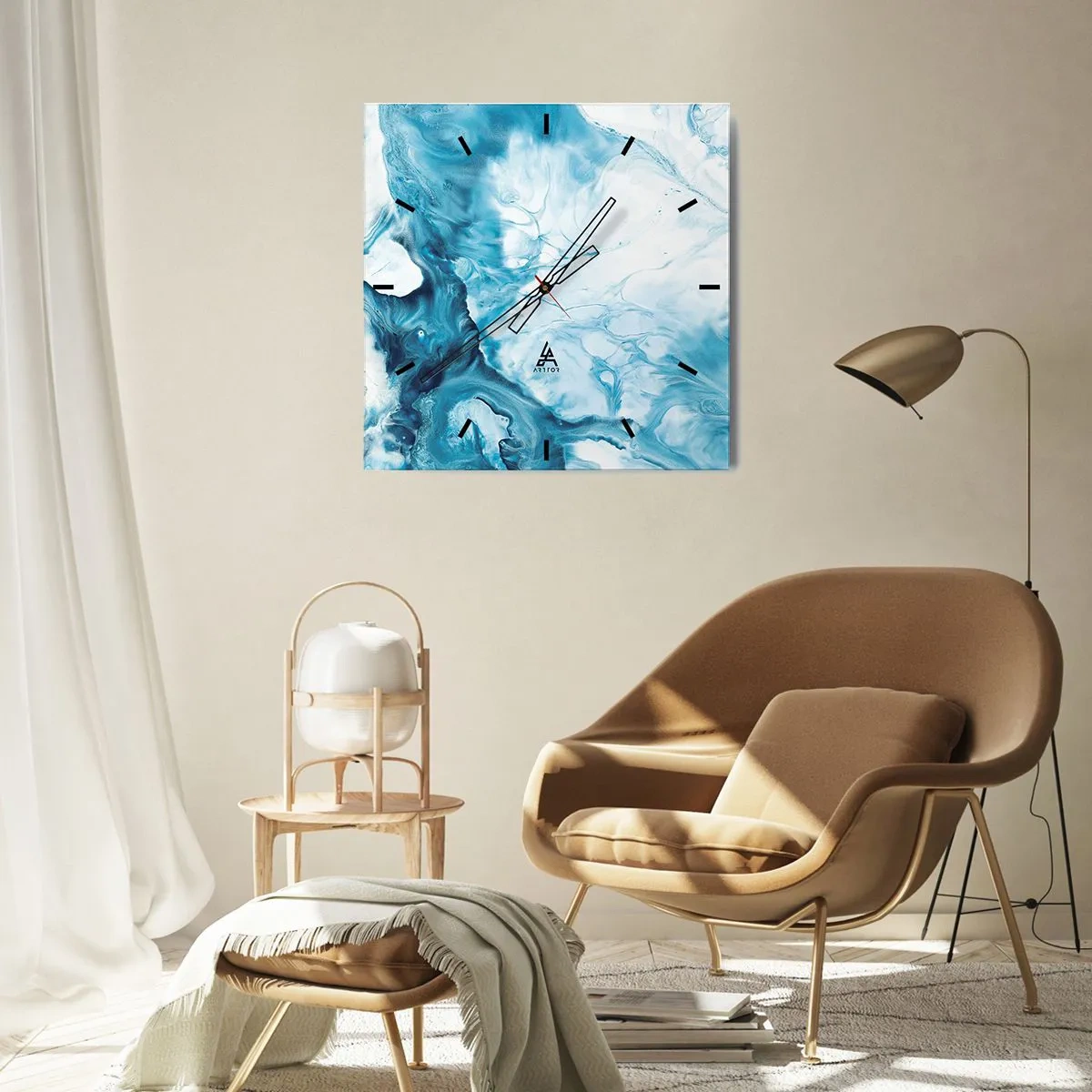 Ceas de perete - Ceas pe sticlă - Concert de nuanțe de albastru - 40x40 cm