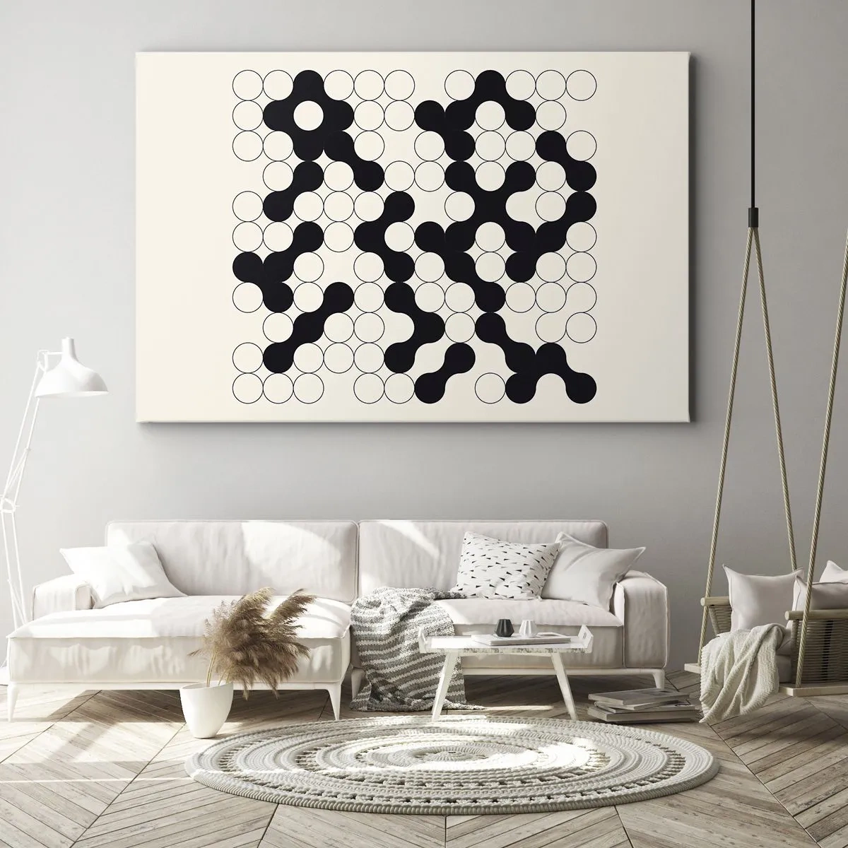 Tablou pe pânză Canvas - Modele alb-negru cu cercuri pe un fundal deschis - 70x50cm - Joc chinezesc - o variație - Decorațiune modernă pentru perete pentru living și dormitor ARTTOR