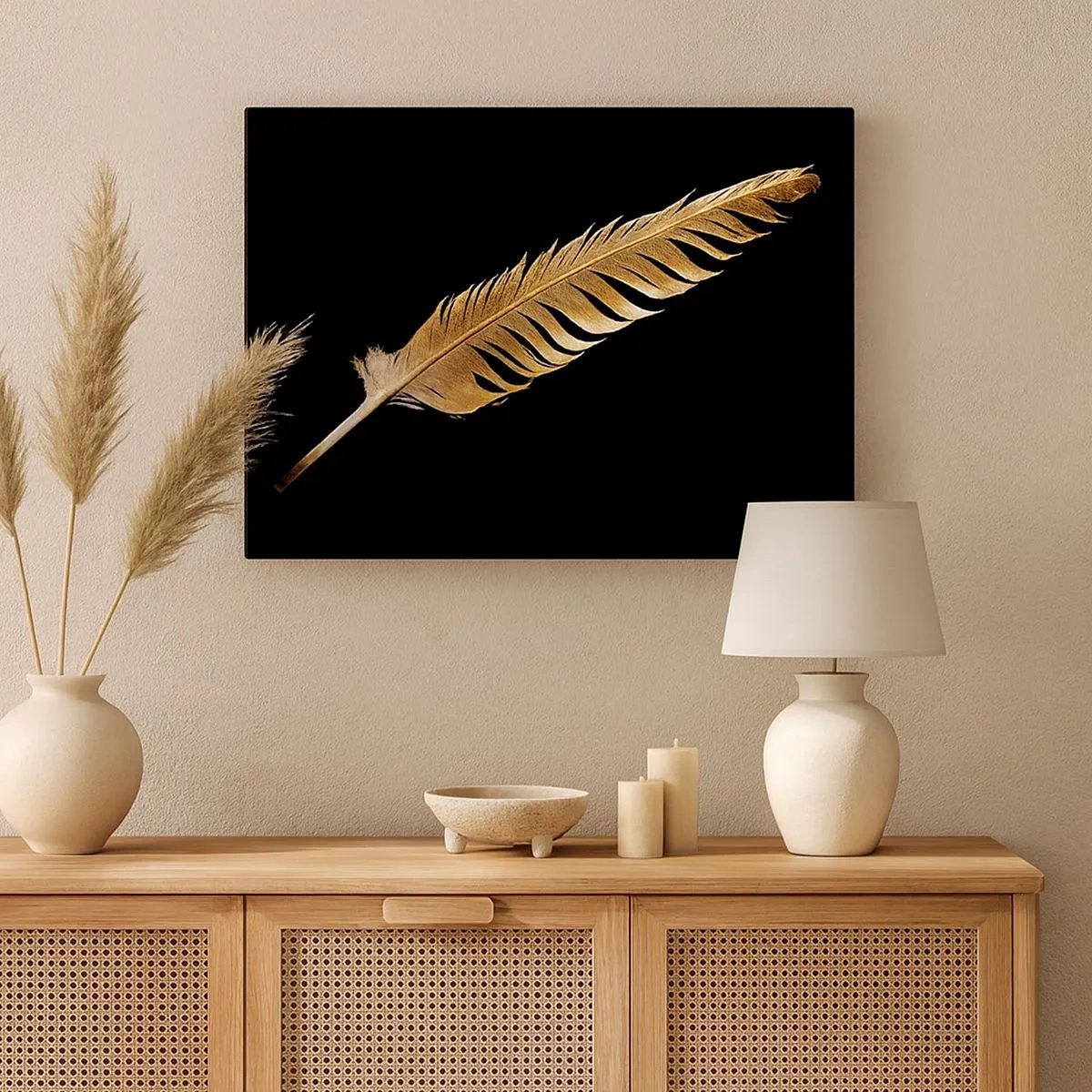 Tablou pe pânză Canvas - Pană de aur pe fundal negru - 70x50cm - Pană aurie perfectă - Decorațiune modernă pentru perete pentru living și dormitor ARTTOR