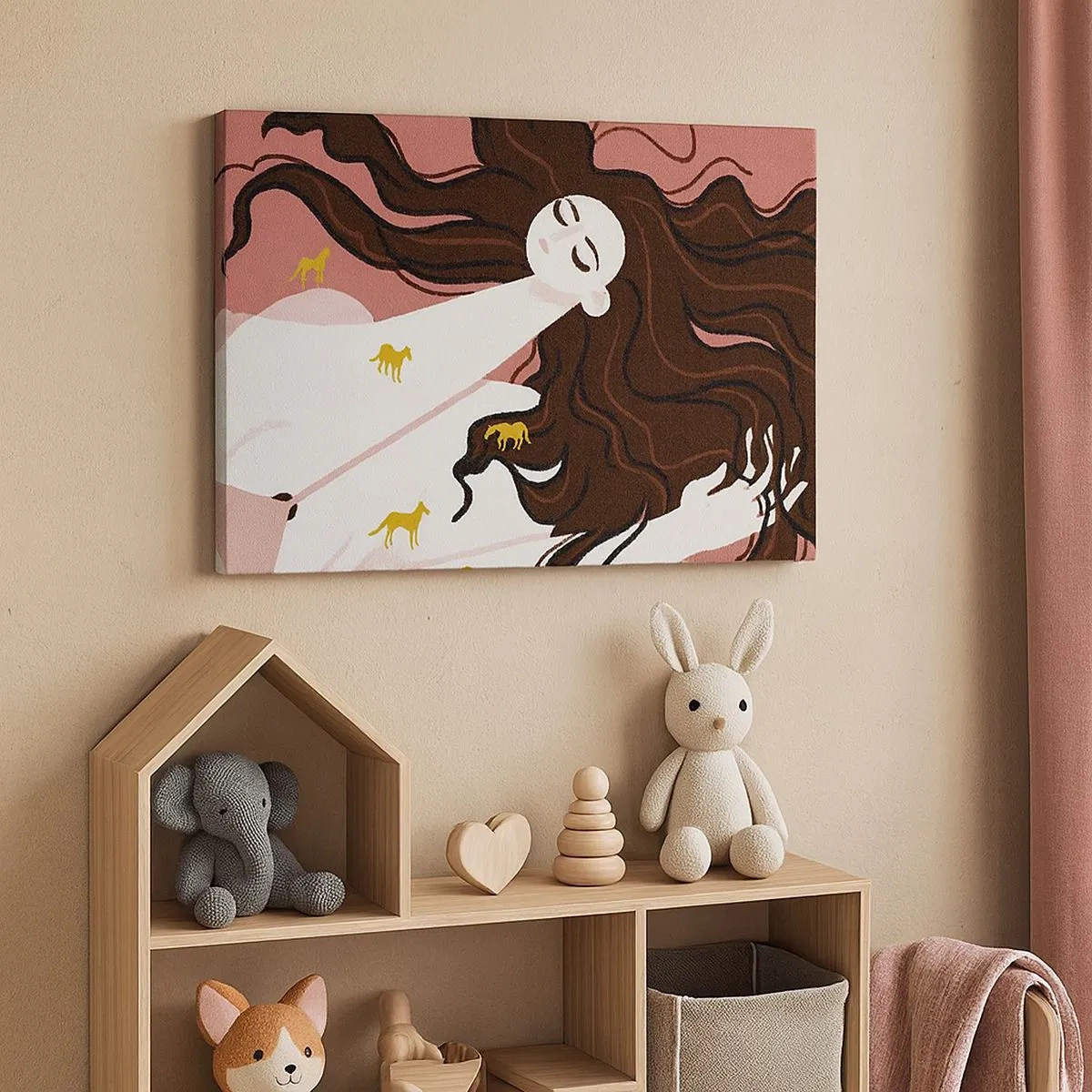 Tablou pe pânză Canvas - O figură cu ochii închiși înconjurată de cai aurii - 70x50cm - Visul despre calul de aur - Decorațiune modernă pentru perete pentru living și dormitor ARTTOR