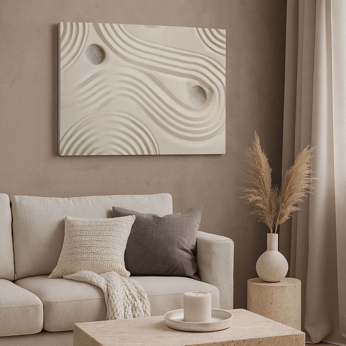 Tablou pe pânză Canvas - Design Zen minimalist cu nisip și pietre - 70x50cm - Atingere de căldură - Decorațiune modernă pentru perete pentru living și dormitor ARTTOR