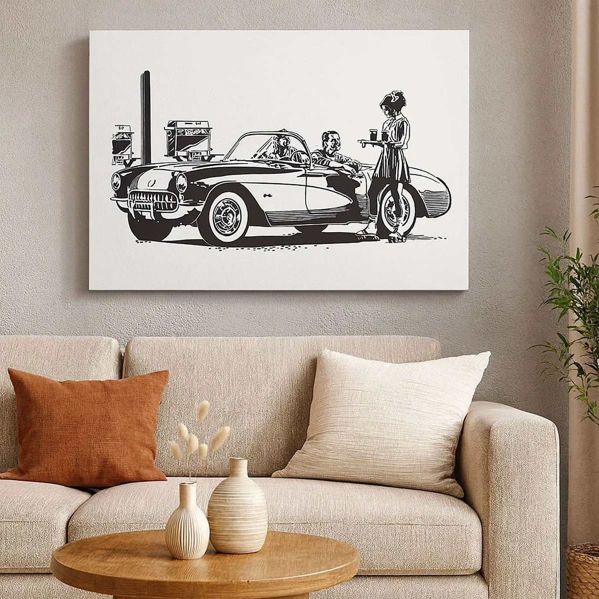 Tablou pe pânză Canvas - O scenă retro alb-negru cu o mașină și o chelneriță pe role. - 70x50cm - 60. - America fără griji - Decorațiune modernă pentru perete pentru living și dormitor ARTTOR