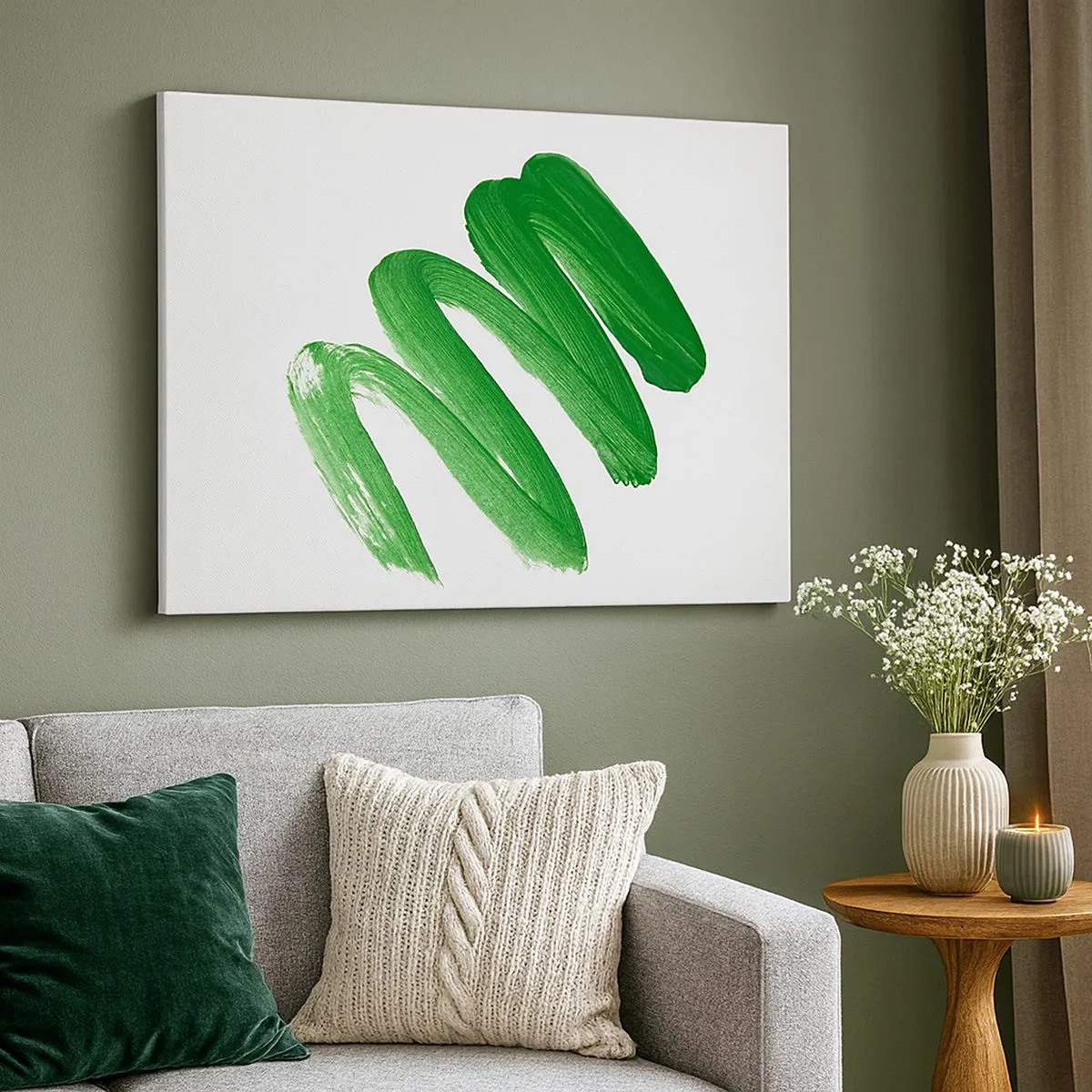 Tablou pe pânză Canvas - tușă de pensulă abstractă verde pe fundal alb - 70x50cm - Glumă verde - Decorațiune modernă pentru perete pentru living și dormitor ARTTOR