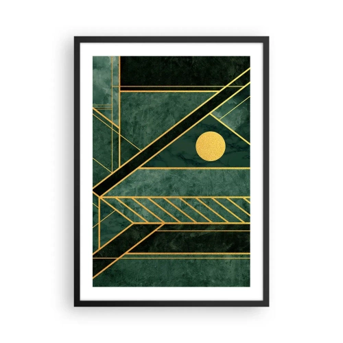 Poster în ramă neagră - Abstracție geometrică în verde cu accente aurii - 50x70cm - Dinamica aurului și a azurului - Decorațiune modernă pentru perete pentru living și dormitor ARTTOR