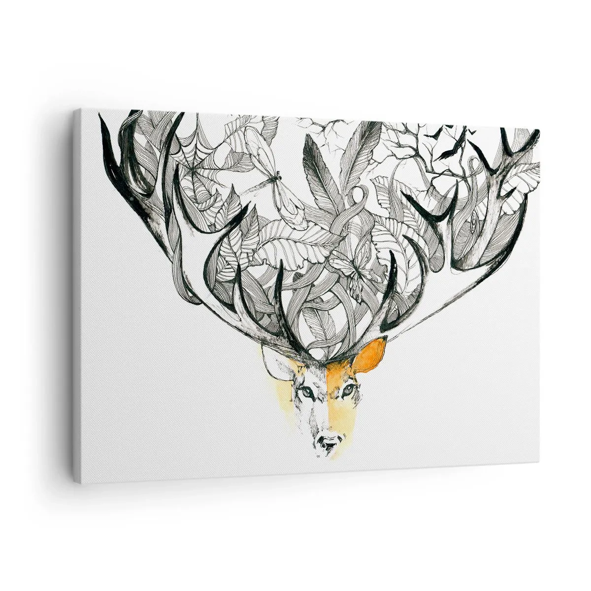 Tablou pe pânză Canvas - Grafică subtilă de cerb cu coarne decorative - 70x50cm - Coarne de abundență - Decorațiune modernă pentru perete pentru living și dormitor ARTTOR