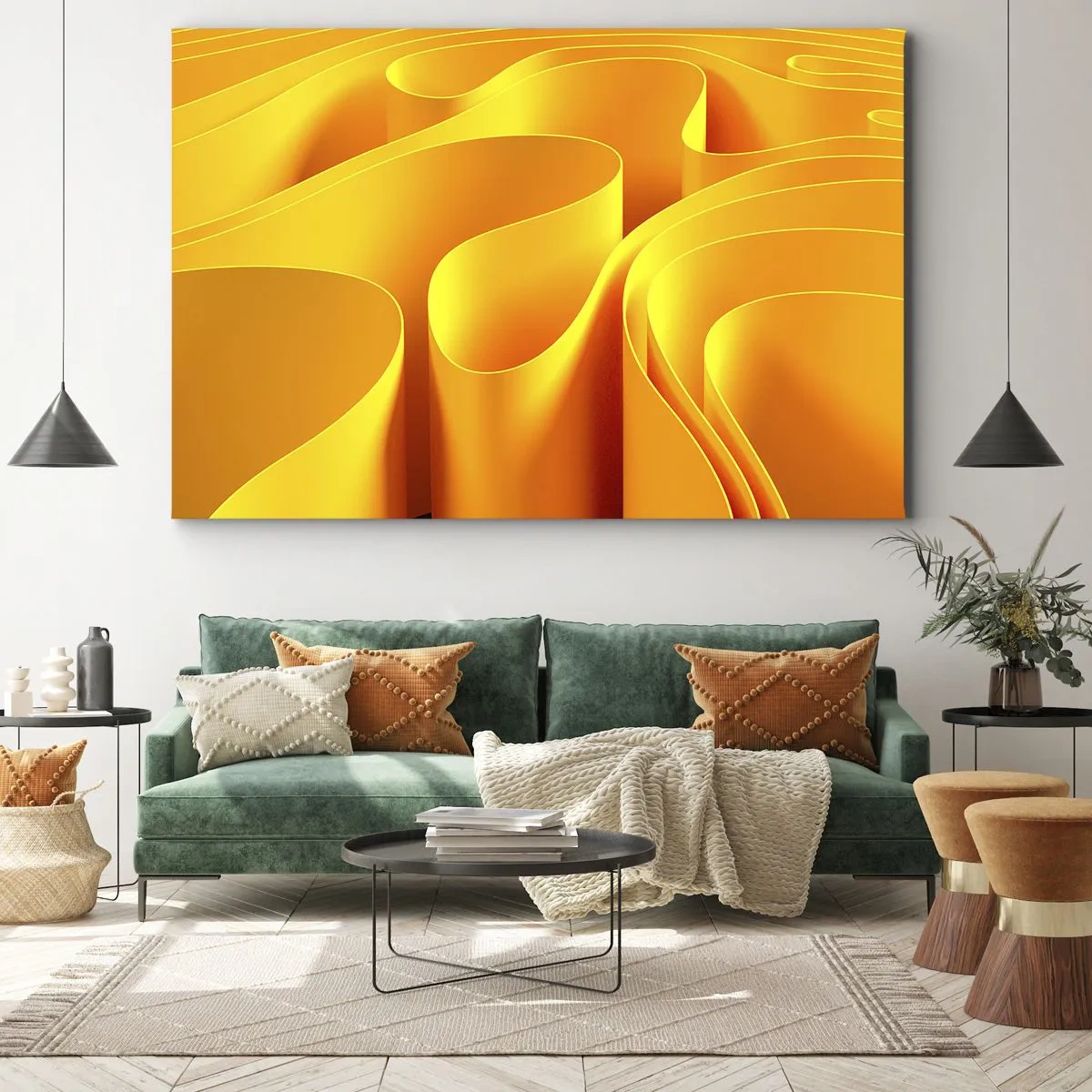 Tablou pe pânză Canvas - Valuri abstracte galbene care seamănă cu razele soarelui - 70x50cm - Ca niște valuri de soare - Decorațiune modernă pentru perete pentru living și dormitor ARTTOR