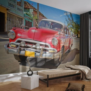 Tapet Standard Eco - O mașină roșie clasică pe strada unui oraș istoric - 100x70cm - Doar în Cuba - Decorațiune modernă pentru perete pentru living și dormitor ARTTOR