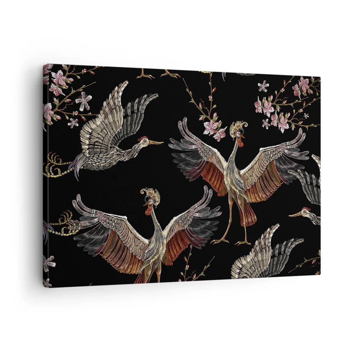 Tablou pe pânză Canvas - Macarale și flori elegante pe fundal negru - 70x50cm - Pasăre de basm - Decorațiune modernă pentru perete pentru living și dormitor ARTTOR