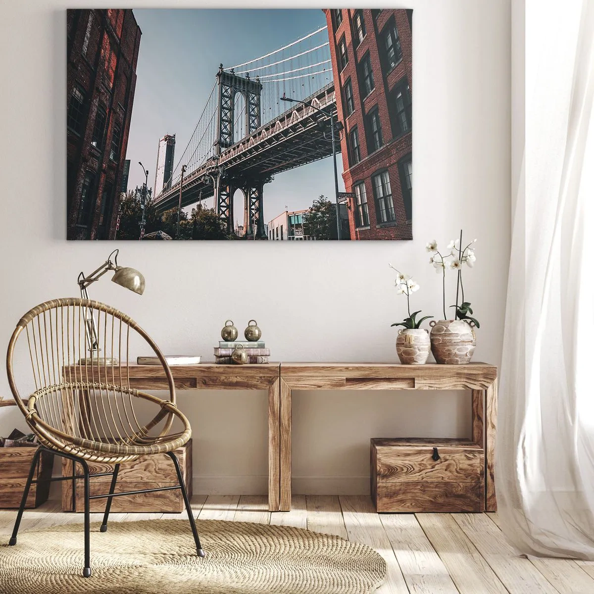 Tablou pe pânză Canvas - Un pod între clădiri într-un peisaj urban - 70x50cm - În valurile orașului - Decorațiune modernă pentru perete pentru living și dormitor ARTTOR