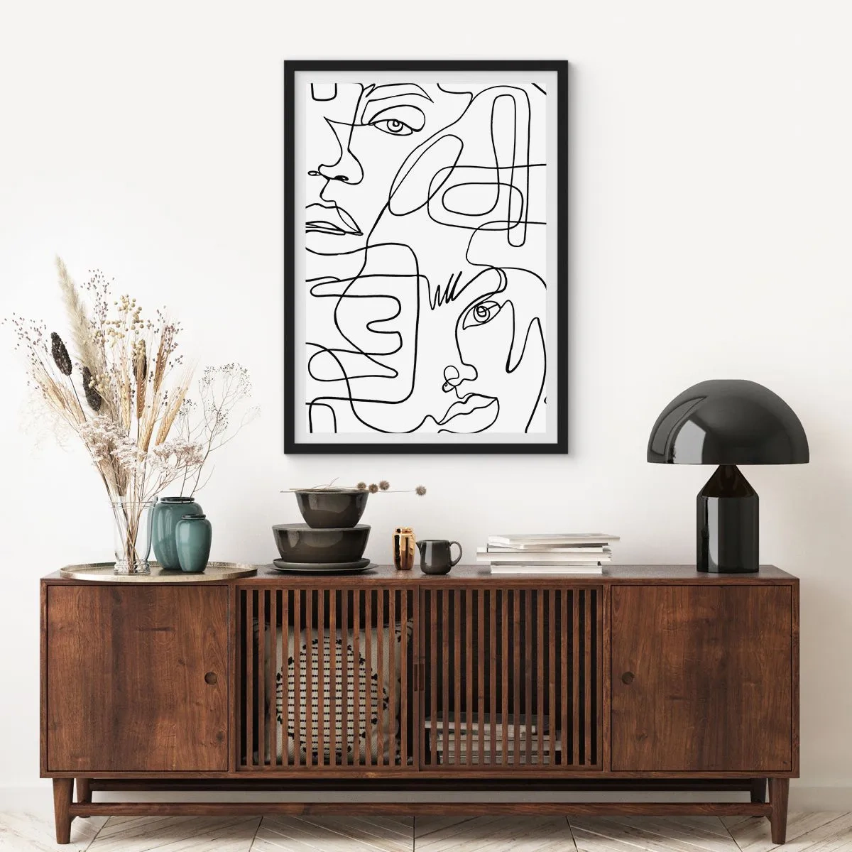 Poster în ramă neagră - Fețe abstracte desenate cu o singură linie - 50x70cm - Într-o încurcătură de emoții - Decorațiune modernă pentru perete pentru living și dormitor ARTTOR