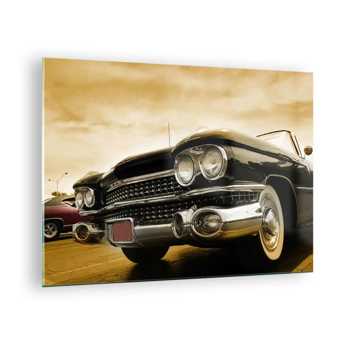 Tablou pe sticlă - Partea din față a unei mașini clasice într-un stil retro elegant - 70x50cm - Clasicul nu se demodează niciodată - Decorațiune modernă pentru perete pentru living și dormitor ARTTOR