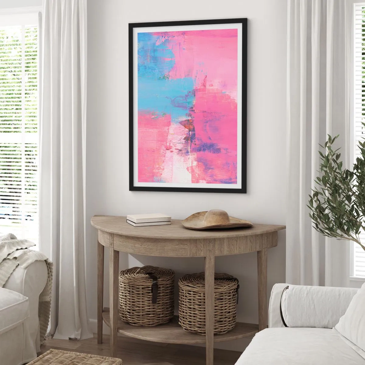 Poster în ramă neagră - Compoziție abstractă în nuanțe de roz și albastru - 50x70cm - Roz, albastru și un strop de lumină - Decorațiune modernă pentru perete pentru living și dormitor ARTTOR