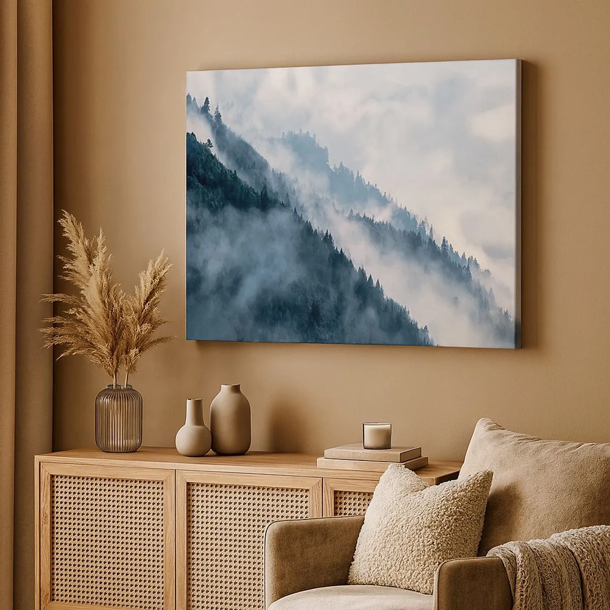 Tablou pe pânză Canvas - Ceața plutește peste versanții împăduriți într-un peisaj misterios - 70x50cm - Misticul munților - Decorațiune modernă pentru perete pentru living și dormitor ARTTOR