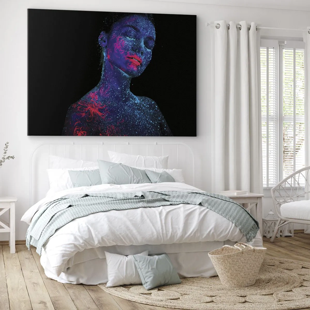 Tablou pe pânză Canvas - Portretul unei femei în culori neon pe fundal negru - 70x50cm - În praf de stele - Decorațiune modernă pentru perete pentru living și dormitor ARTTOR