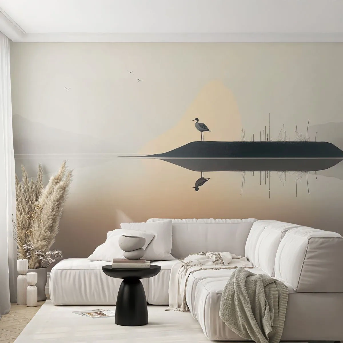 Tapet Standard Eco - Un stârc stând pe o insulă în mijlocul unui lac liniștit - 100x70cm - Domn pe lac - Decorațiune modernă pentru perete pentru living și dormitor ARTTOR